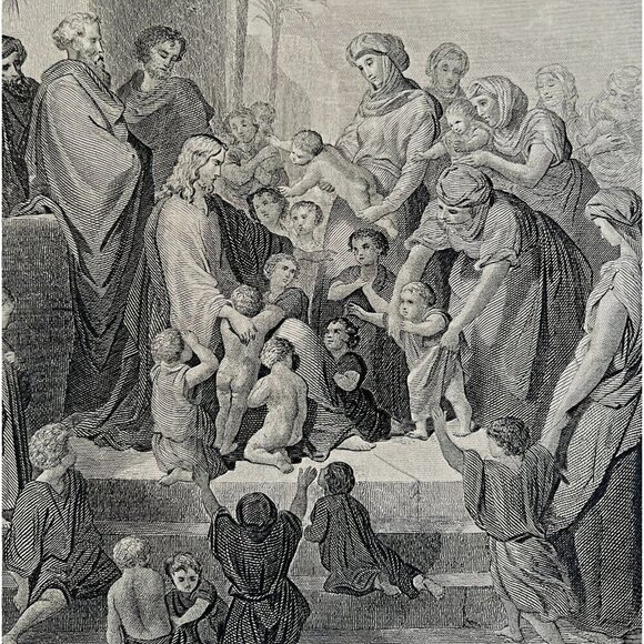 Jesus Blesses Children Steel Engraving 1872 Gustave Dore Victorian Art DWAA6 - Picture 1 of 2